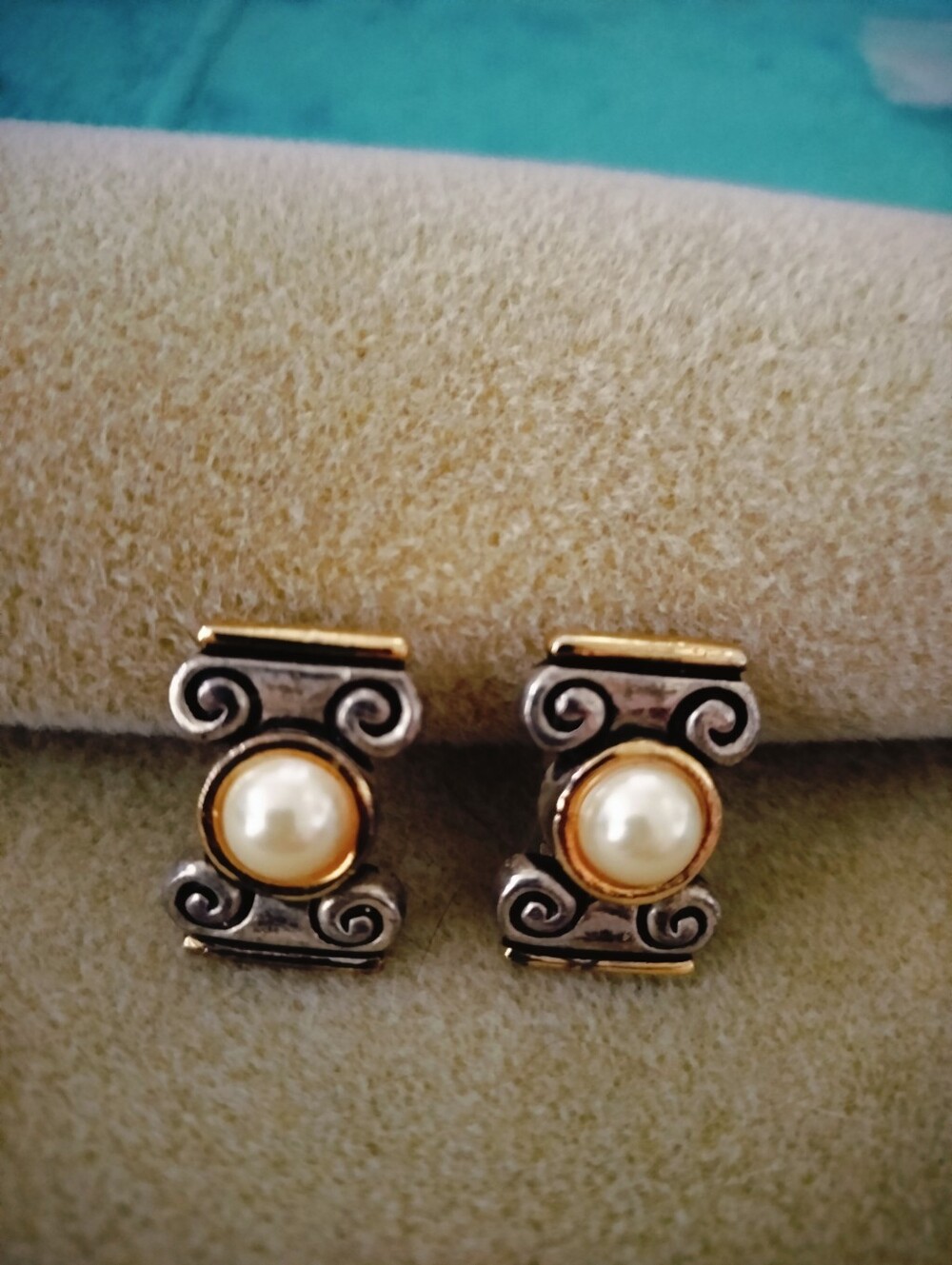 Vintage Two Tone Scroll Clip On Earrings Ionic Column Art Deco Faux Pearl